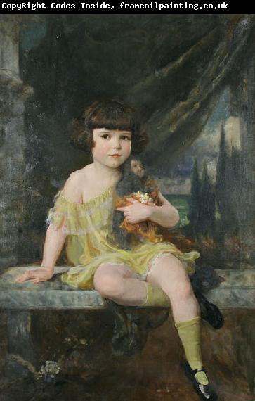 Douglas Volk Young Girl in Yellow Dress Holding her Doll